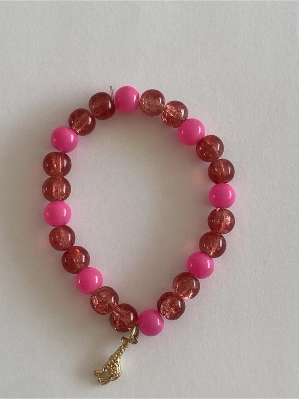Pink and Brown Beaded Stretch Bracelet with Giraffe Charm